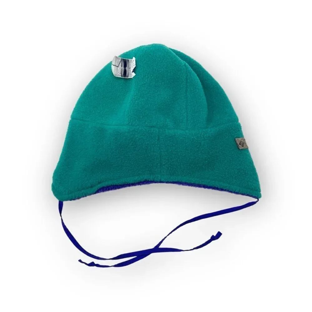 Vintage Columbia Reversible Teal Purple Fleece Beanie Hat Youth Size L/XL